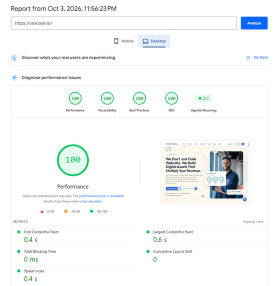 Google PageSpeed Insights report for onxcode.io on desktop: Performance 100, Accessibility 100, Best Practices 100, SEO 100 and Cumulative Layout Shift 0.