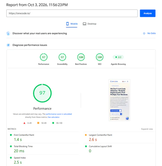 Google PageSpeed Insights report for onxcode.io on mobile: Performance 97, Accessibility 97, Best Practices 100, SEO 100 and Cumulative Layout Shift 0.