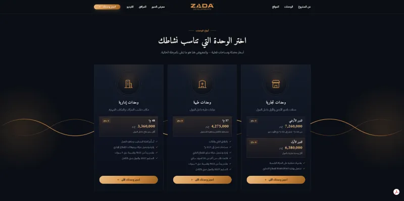 Screenshot: Unit types with areas, prices and payment terms, each with its own call to action so intent is captured where it forms.