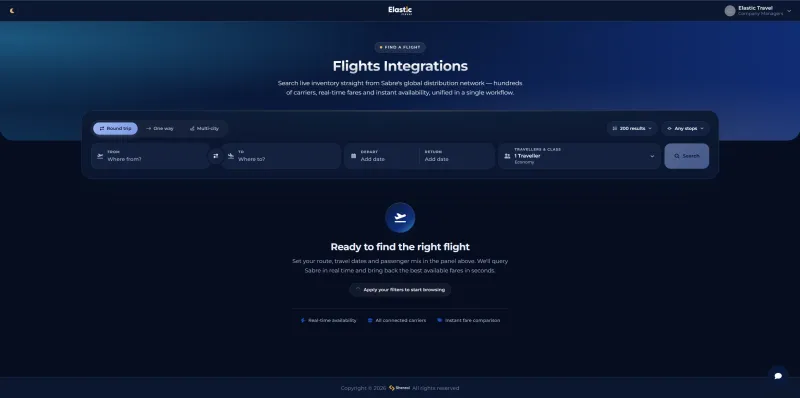 Screenshot: The search panel at rest: trip type, route, dates and travellers in a single row.
