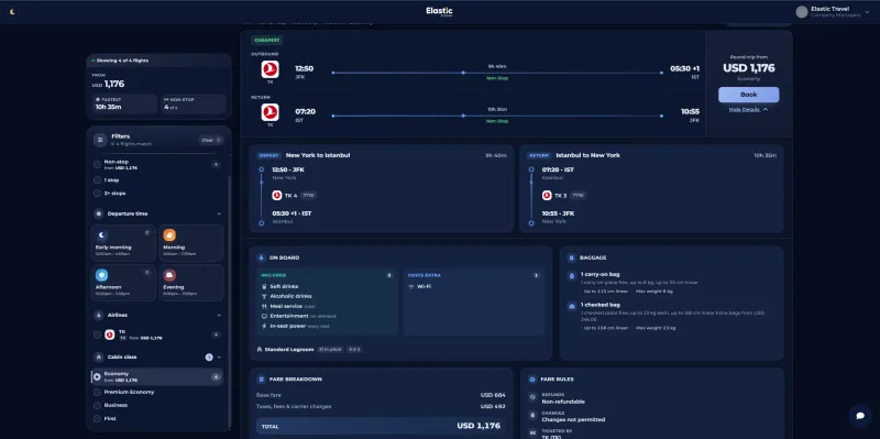 Screenshot: An expanded itinerary with segments, amenities, baggage allowance, fare breakdown and fare rules.